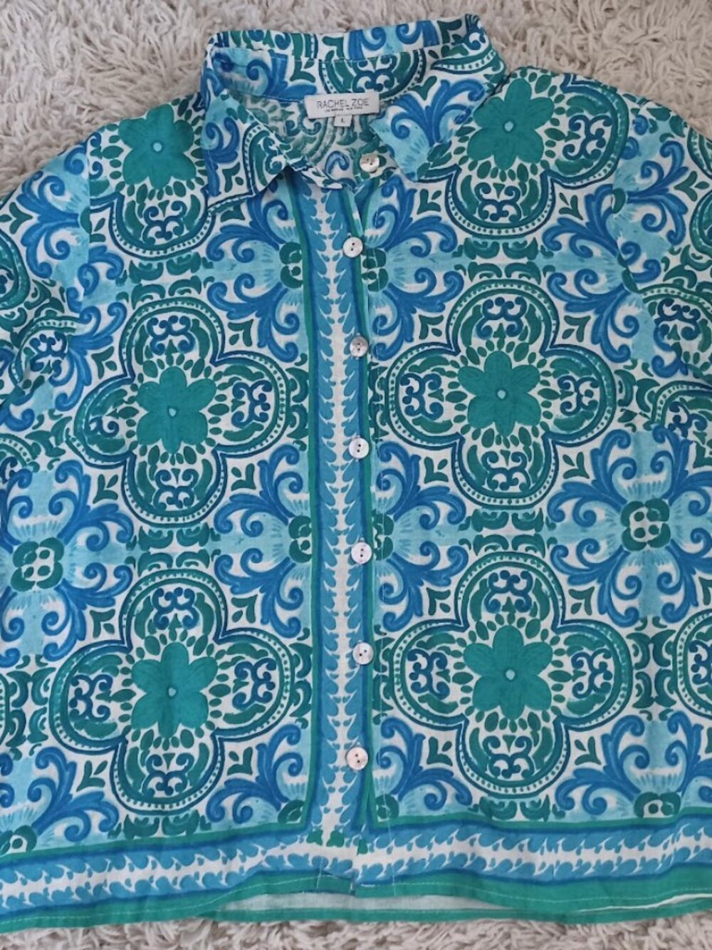 Rachel Zoe Linen Blend Blouse Womens L Blue Green Tile Print Button Front